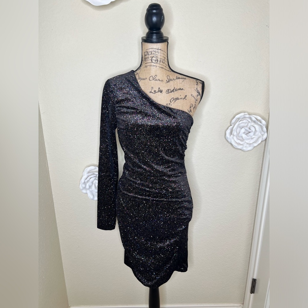 Gianni Bini Multi Colored Glitter Embellished Velvet Ruched Dress Sz 11